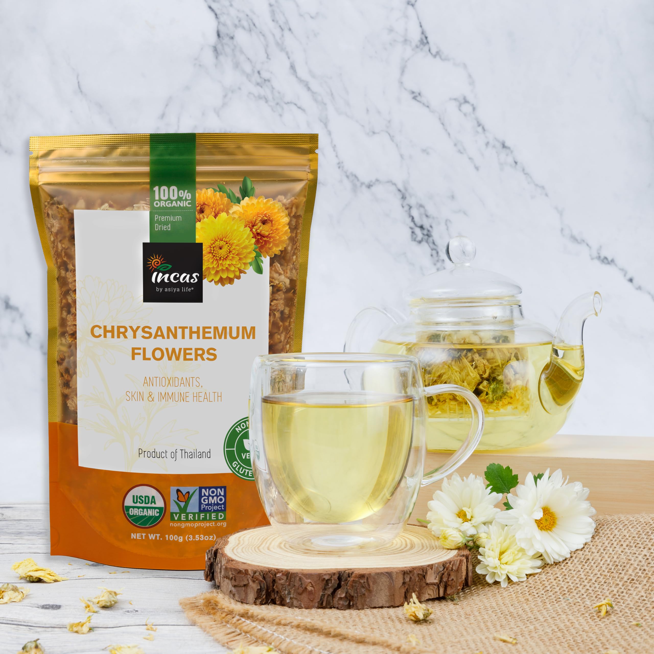 Incas Chrysanthemum Tea nutrition info panel suggests potassium and magnesium support.
