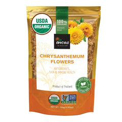 Incas by Asiya Life chrysanthemum tea packaging shows organic certification and premium dried flowers for mindful sipping.