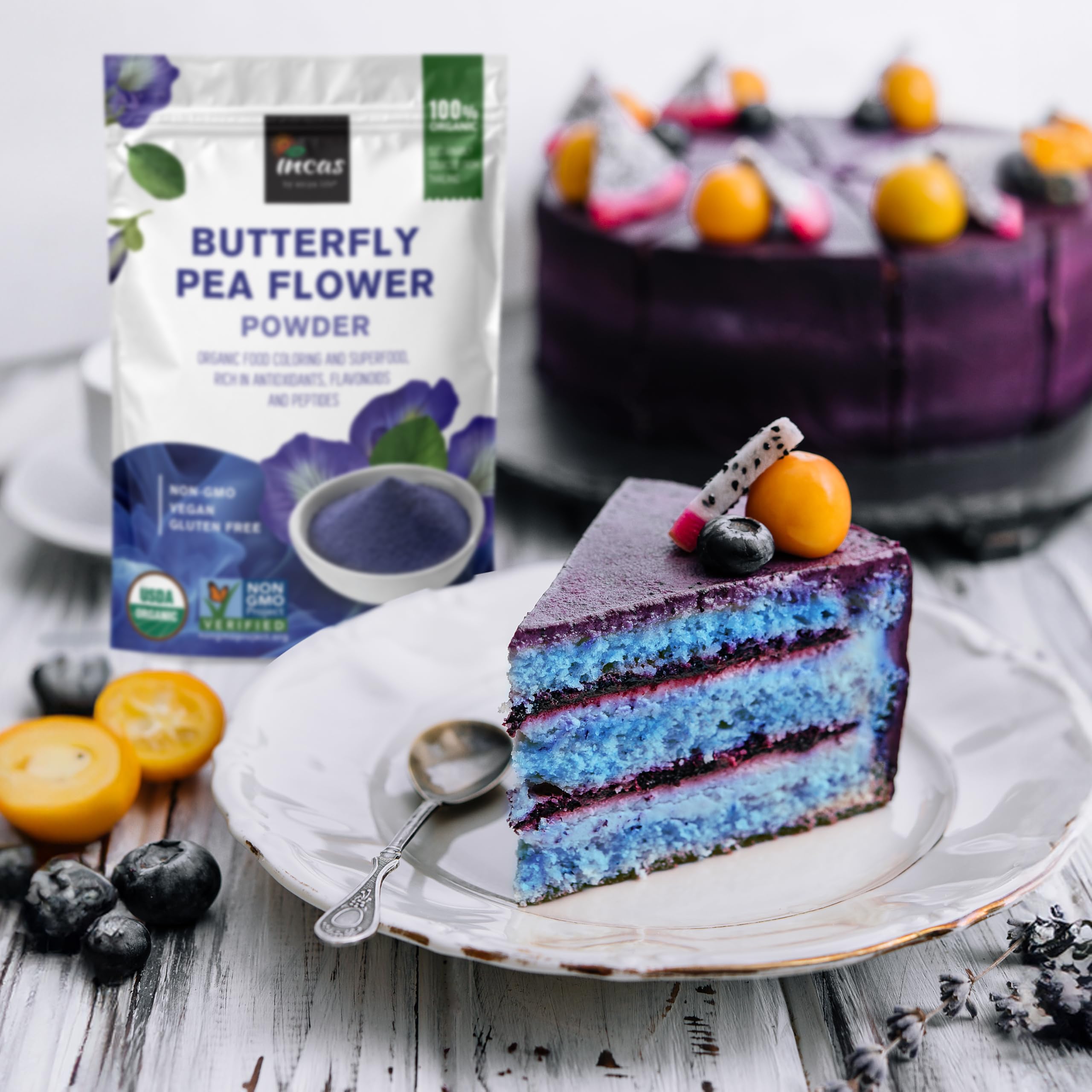 Incas Purple-blue color-changing tea with lemon to shift hues.