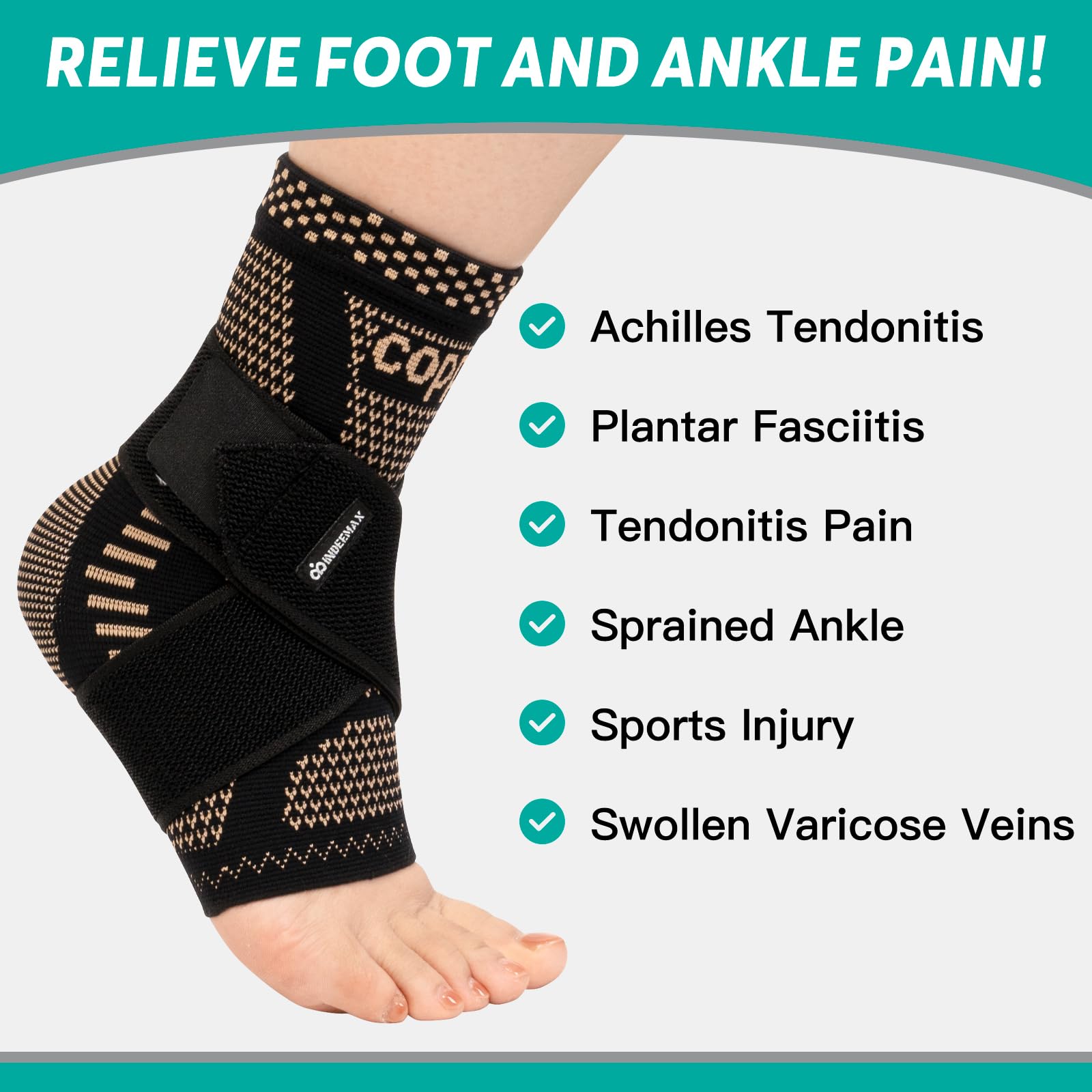 INDEEMAX copper ankle brace material closeup reveals copper-infused nylon and breathable knit
