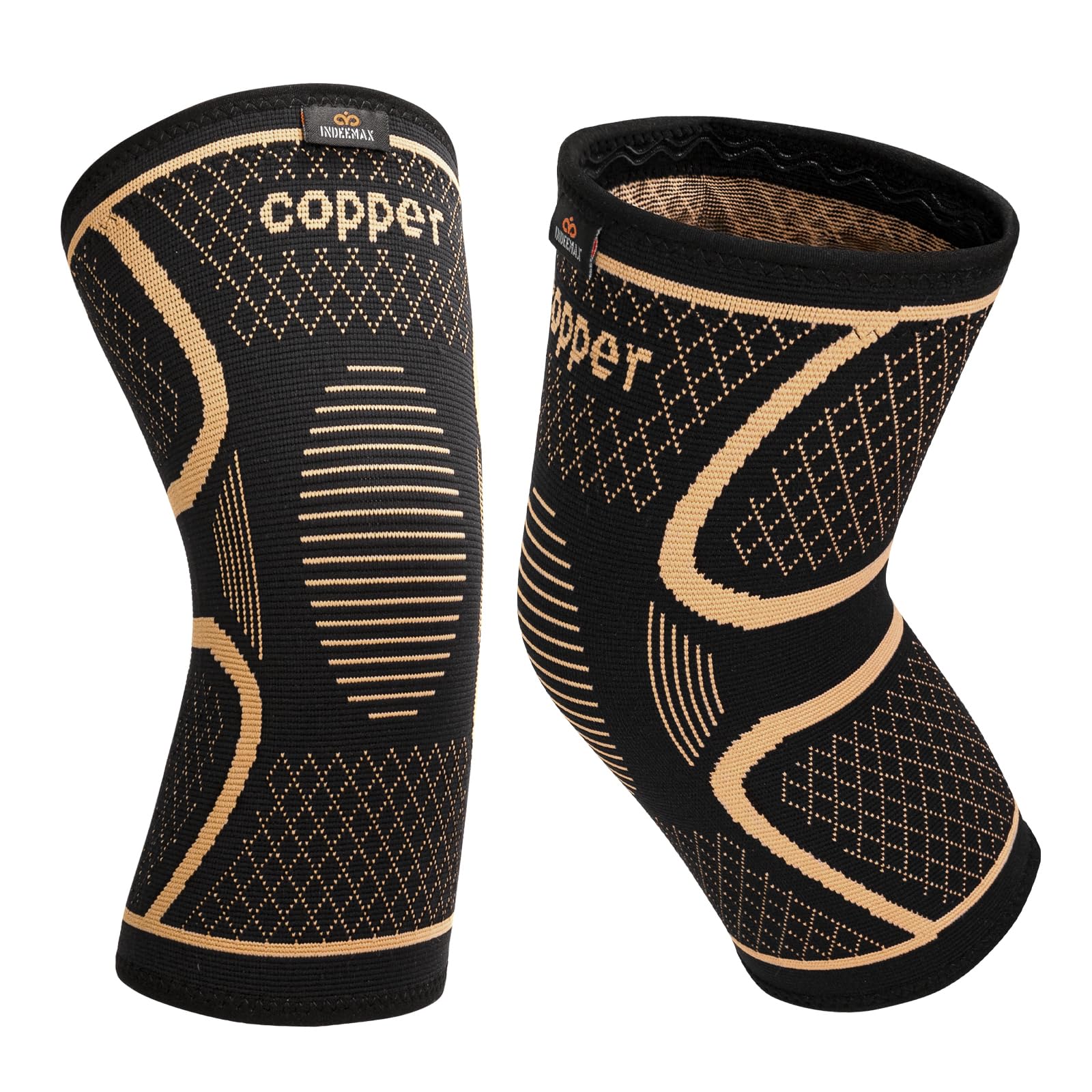 INDEEMAX copper knee brace packaging with anti-slip band for secure wear