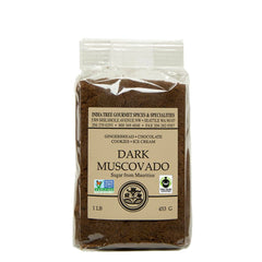 India Tree Dark Muscovado Sugar packaging shows rich color, ideal for baking