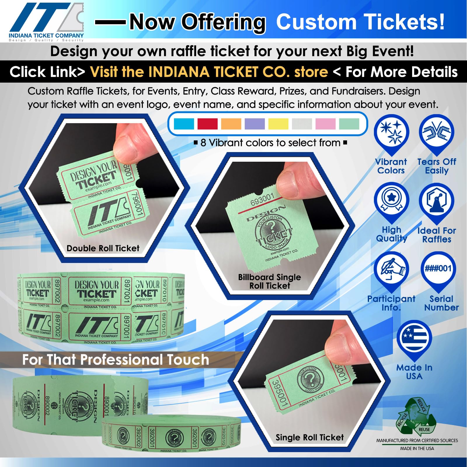INDIANA TICKET CO. consecutive numbering supports accurate entry tracking.