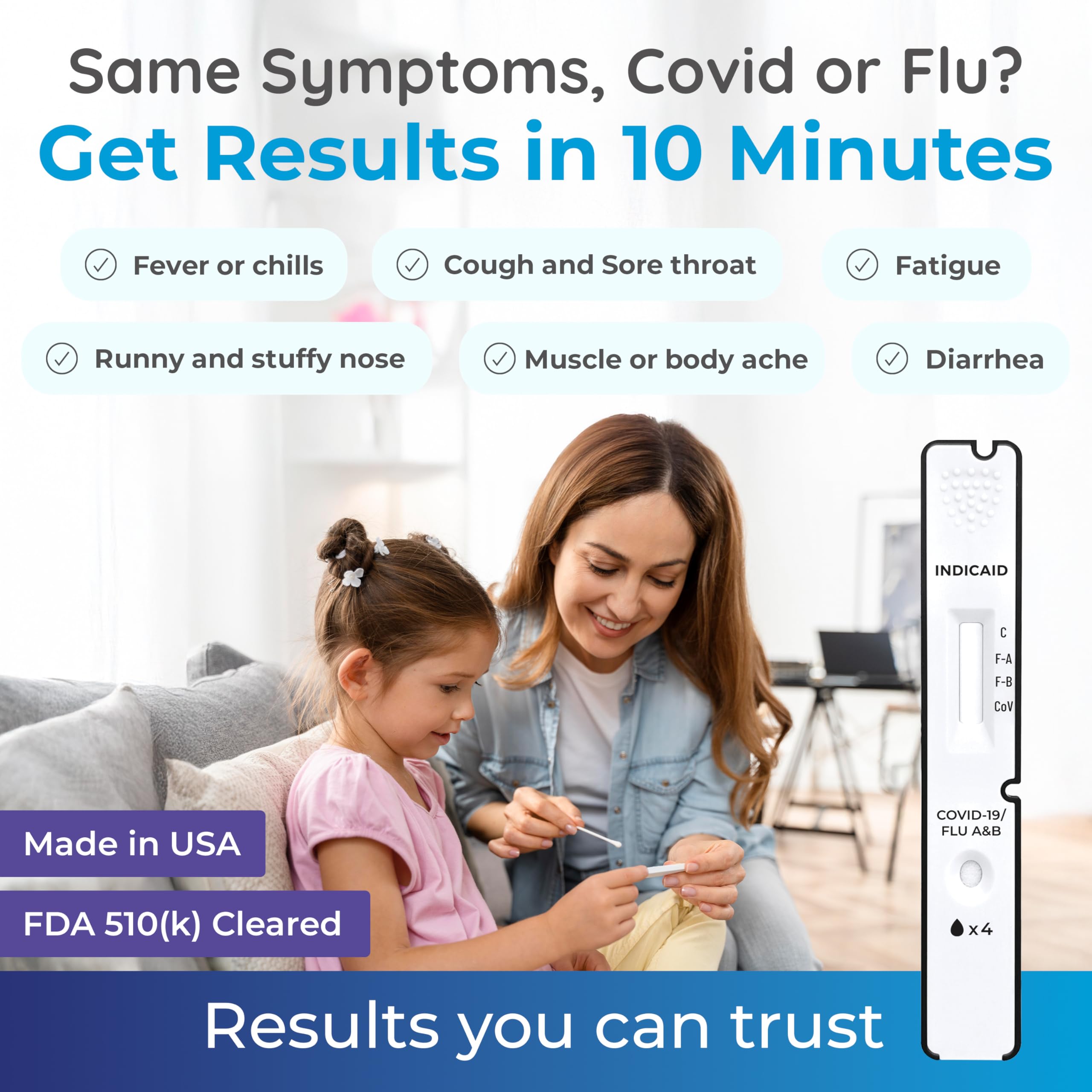 INDICAID contents laid out illustrating the 3-in-1 test kit for quick at-home use
