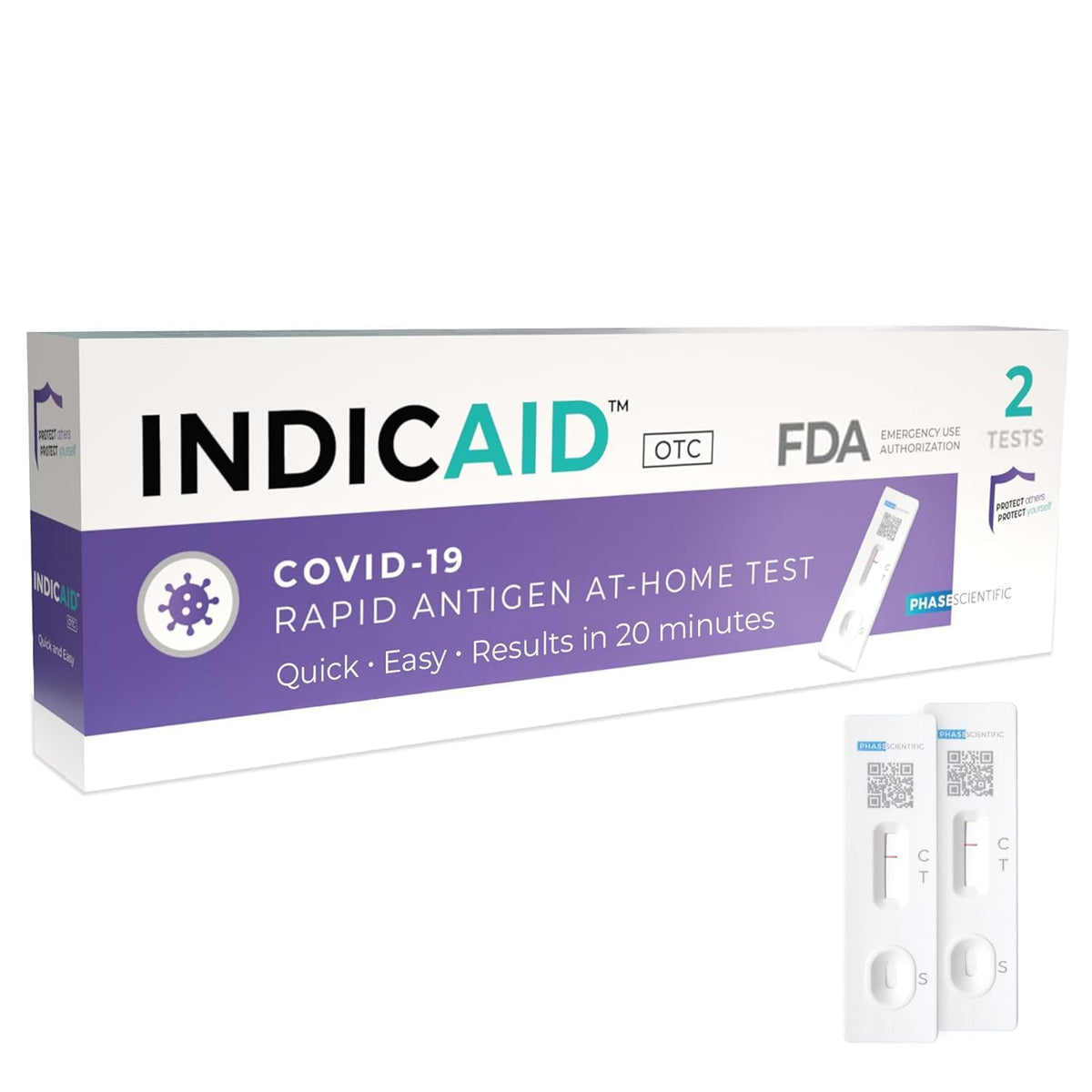 INDICAID COVID-19 rapid test box front view for home testing convenience.
