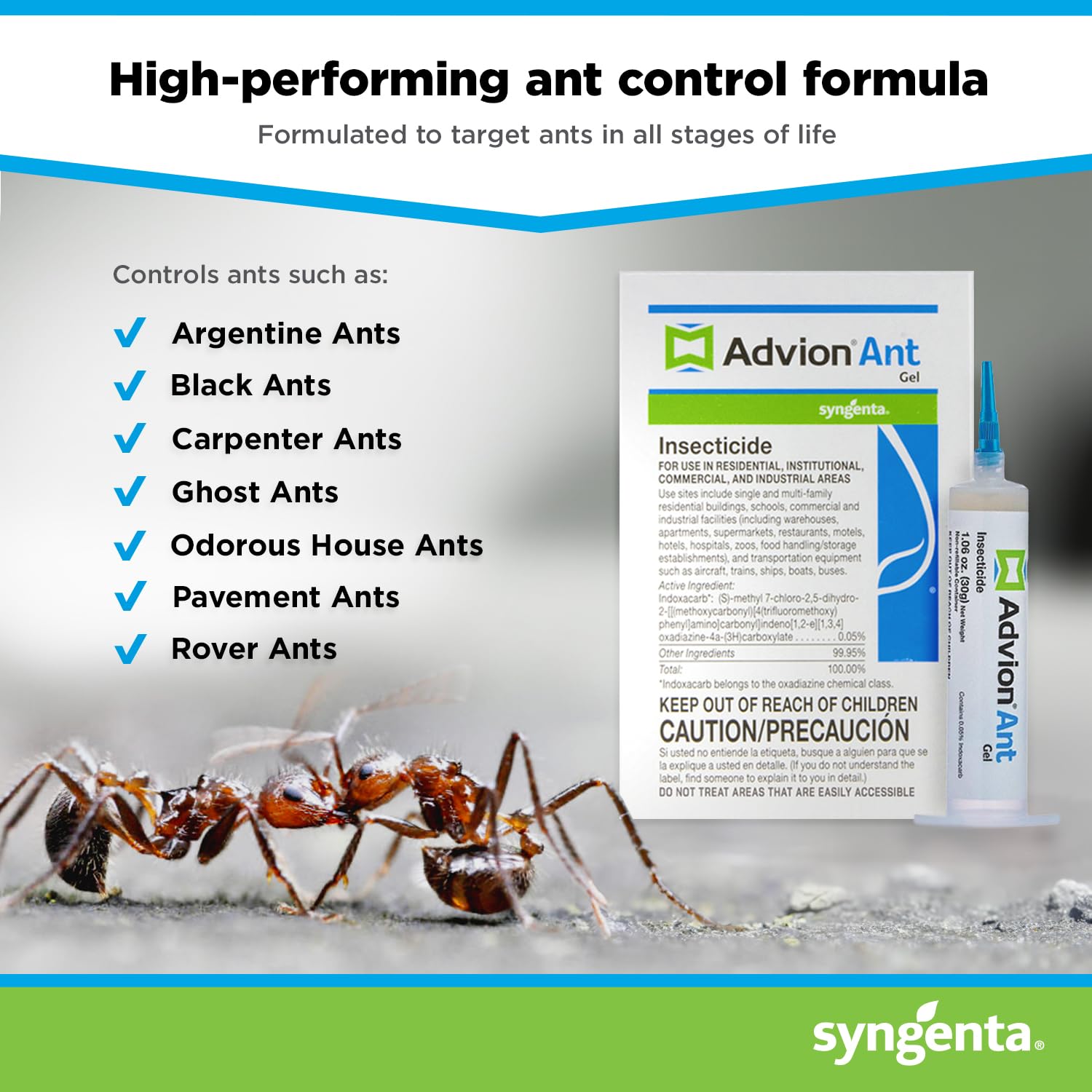 Indoxacarb active ingredient highlighted in Advion ant gel.