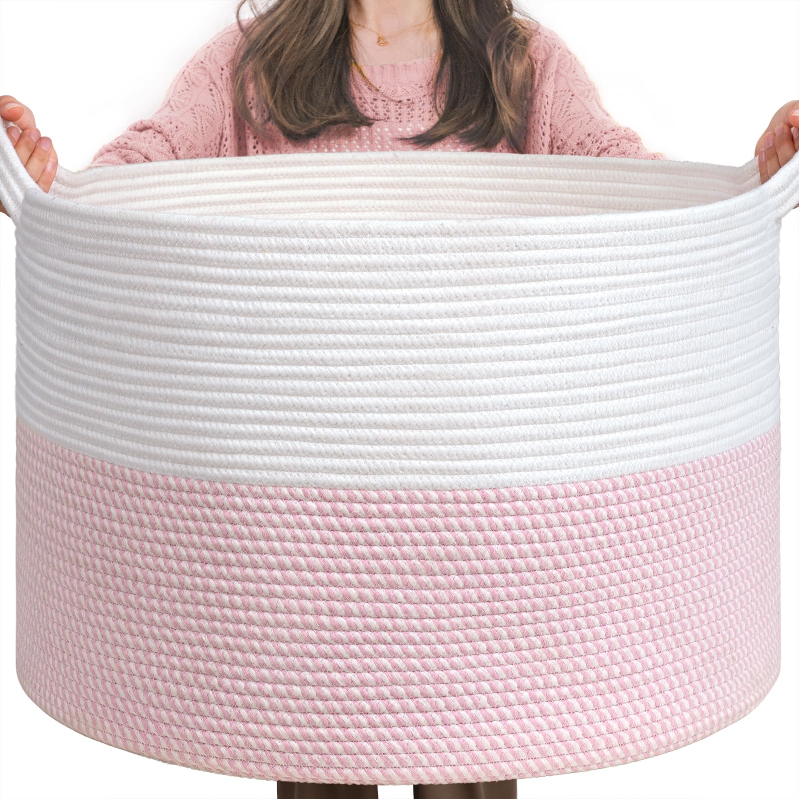 INDRESSME XXXLarge pink storage basket with handle ideal for easy laundry and toy storage.