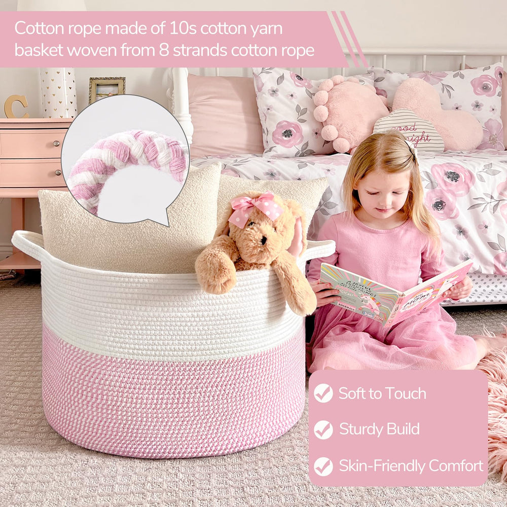 INDRESSME XXXLarge pink basket used as a toy organizer with soft cotton rope.