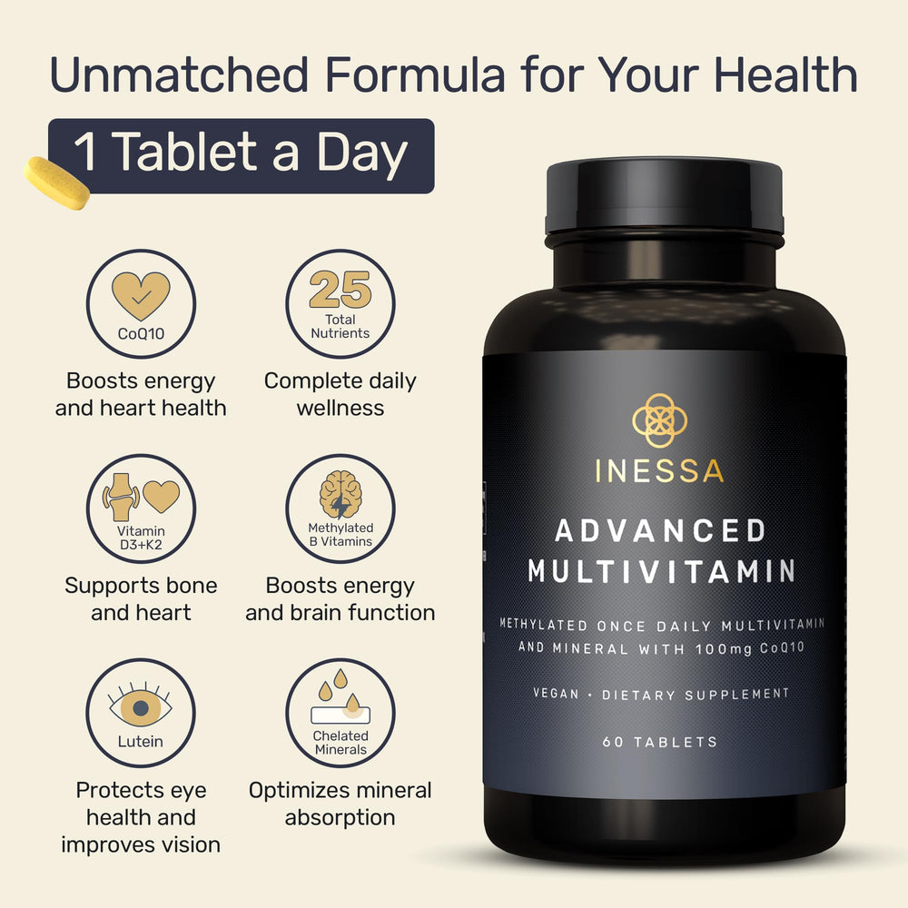Inessa methylated multivitamin CoQ10 100 mg tablet provides steady energy support.