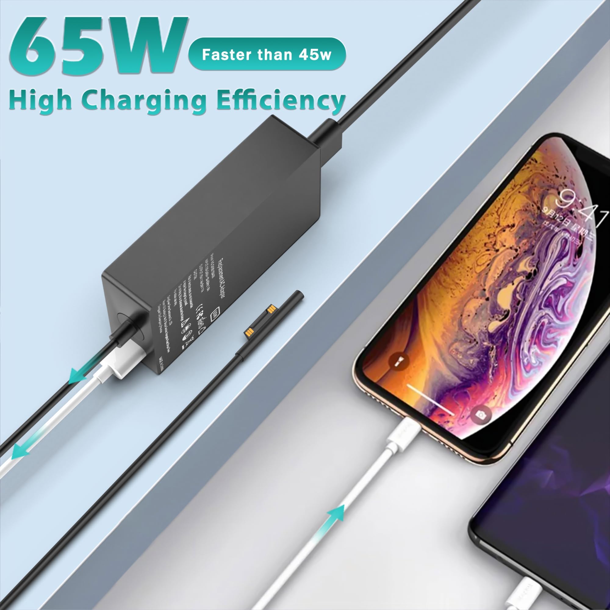 INEXEWOC 65W charger compatibility chart for Surface Pro and Laptop models.