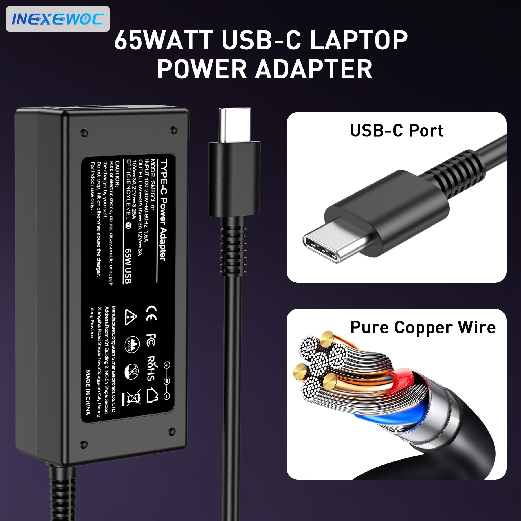 INEXEWOC charger showing 100-240V input for worldwide use.