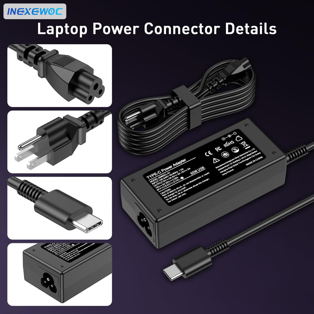 INEXEWOC 65W USB-C charger side view, slim profile for easy storage.