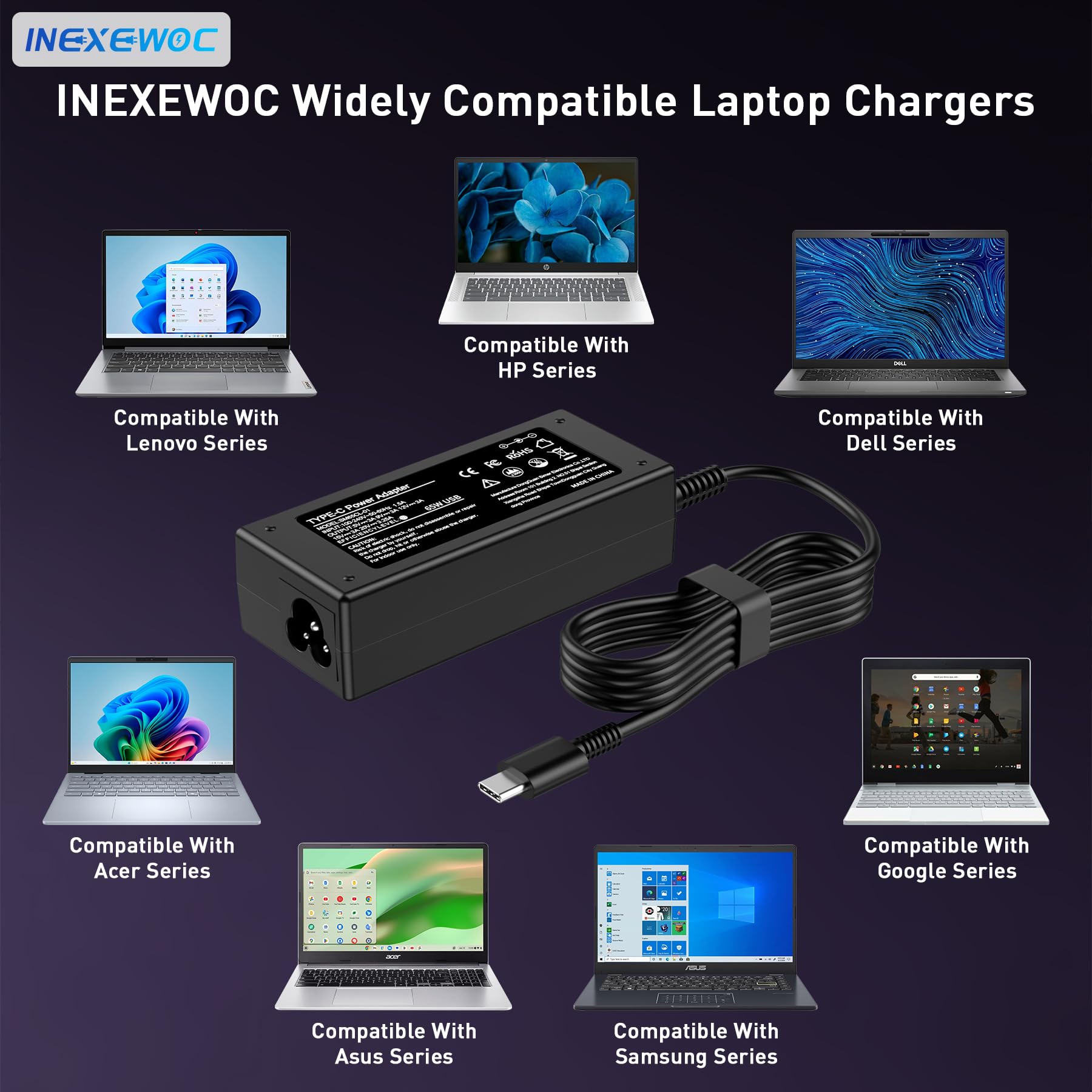 INEXEWOC USB-C charger plugged into laptop, showcasing universal compatibility.