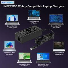 INEXEWOC USB-C charger plugged into laptop, showcasing universal compatibility.