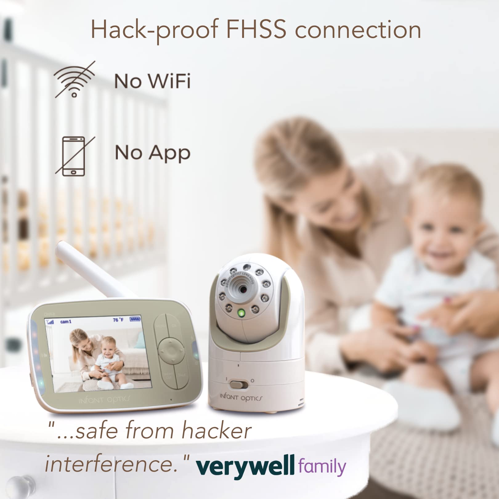 Infant Optics DXR-8 camera lens zoom enables closer baby viewing from a distance.