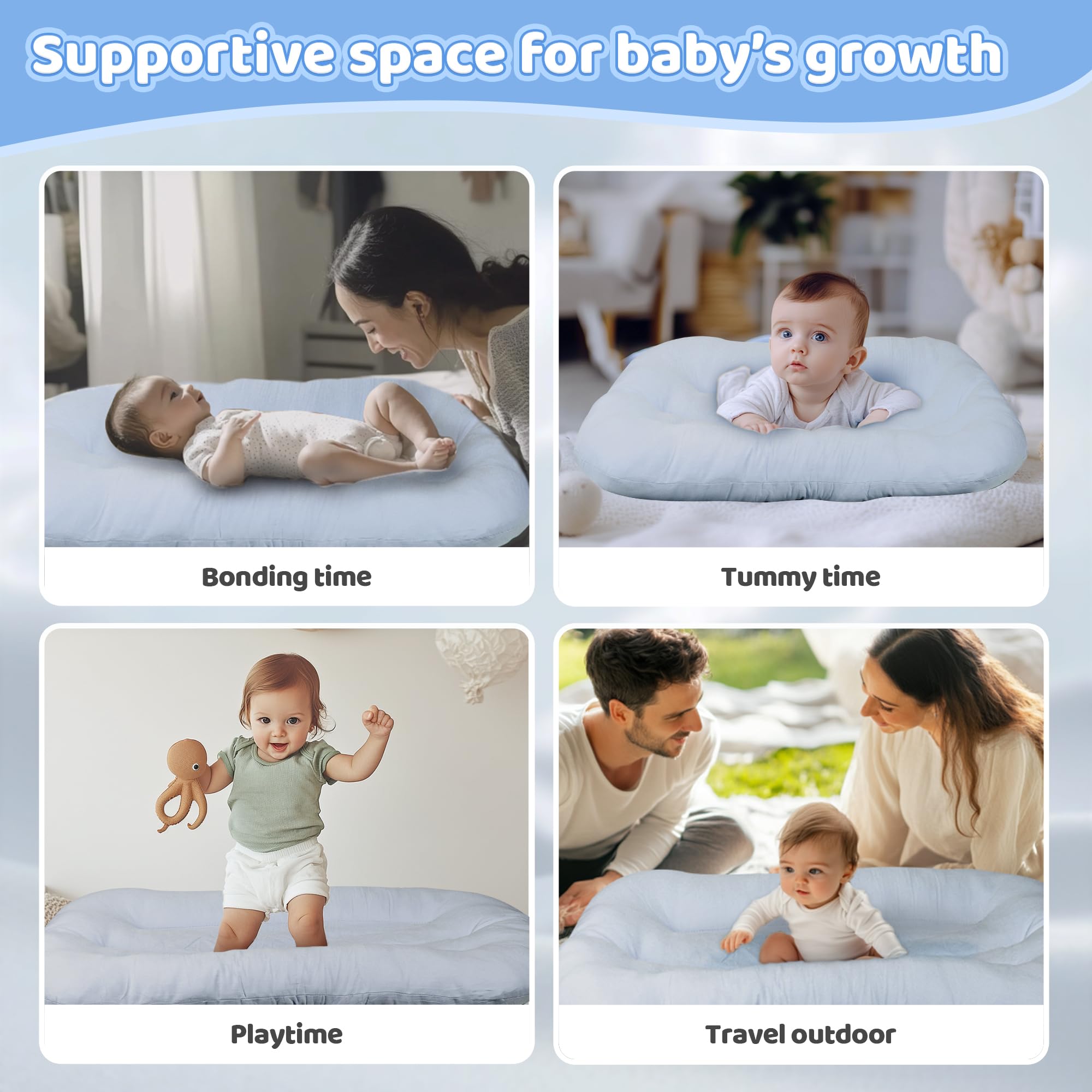 Infant Support Cushion with 3D fiber filling providing gentle back support during supervised activities