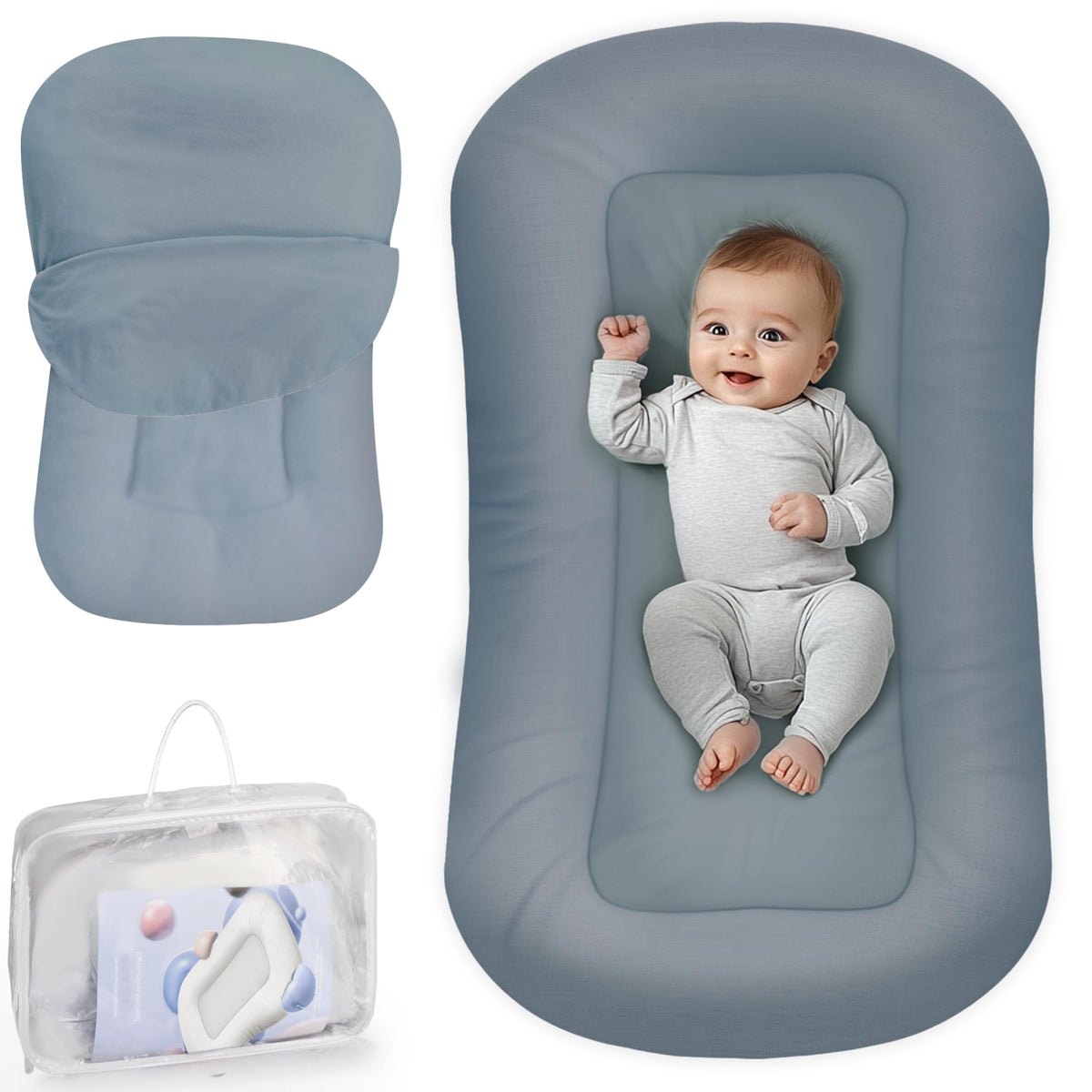 Infant Support Cushion grayish-blue cover close-up shows soft cotton texture for comfort