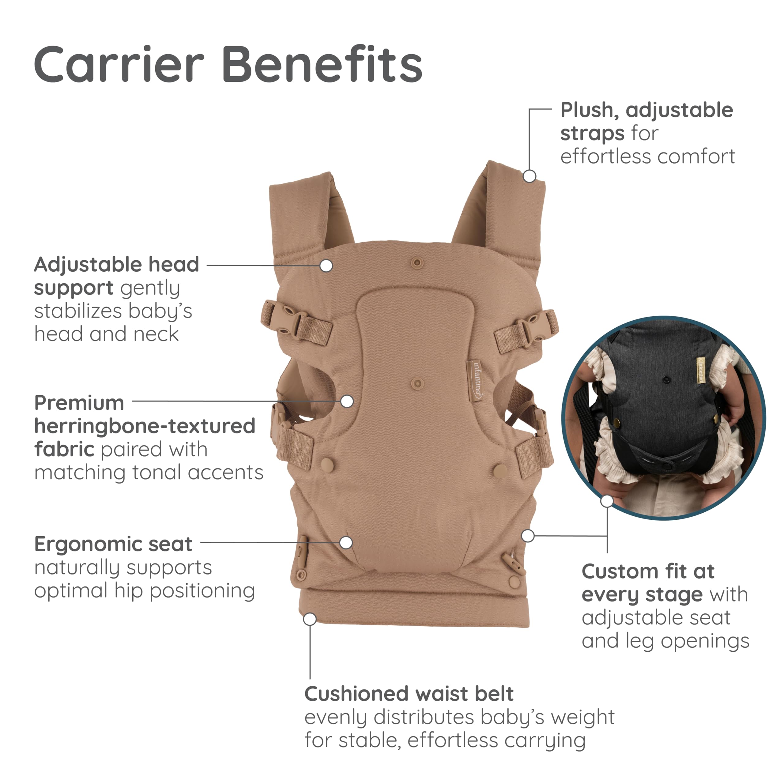 Infantino ergonomic seat with adjustable fit supports baby’s comfortable position.