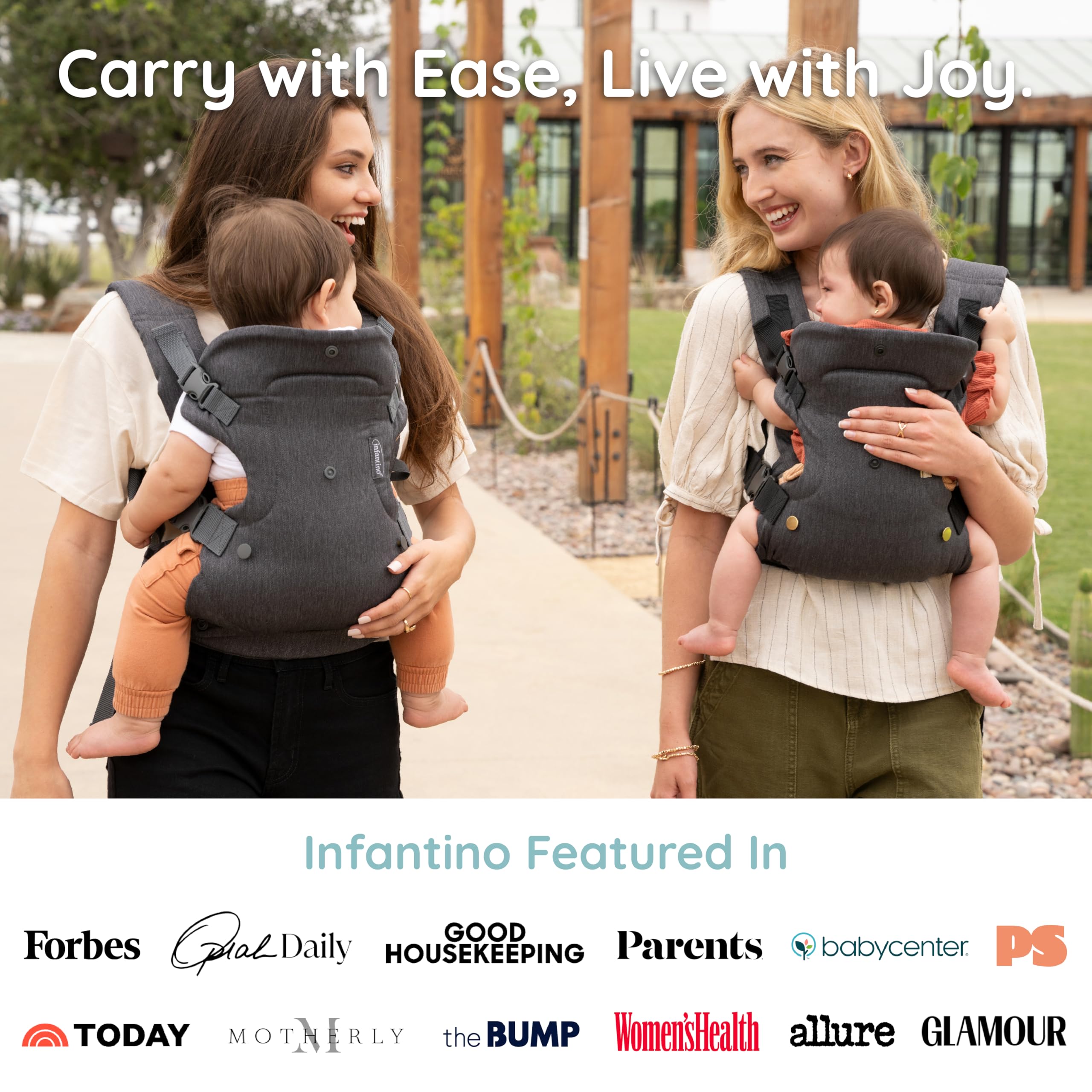 Infantino Flip Luxe 4-in-1 back carry option for hands-free moments.