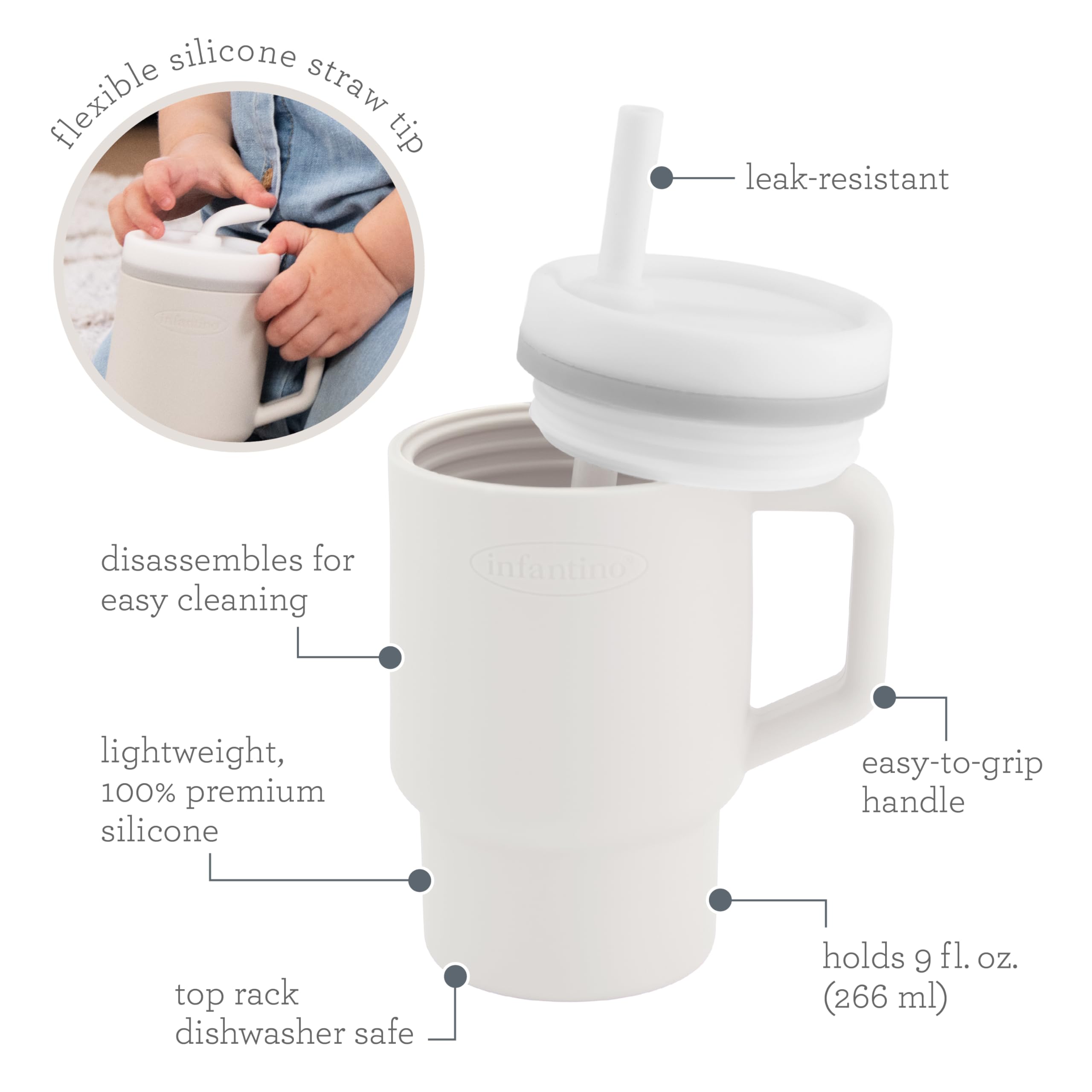 Infantino My 1st Tumbler baby-friendly silicone offers soft chew-friendly surface.