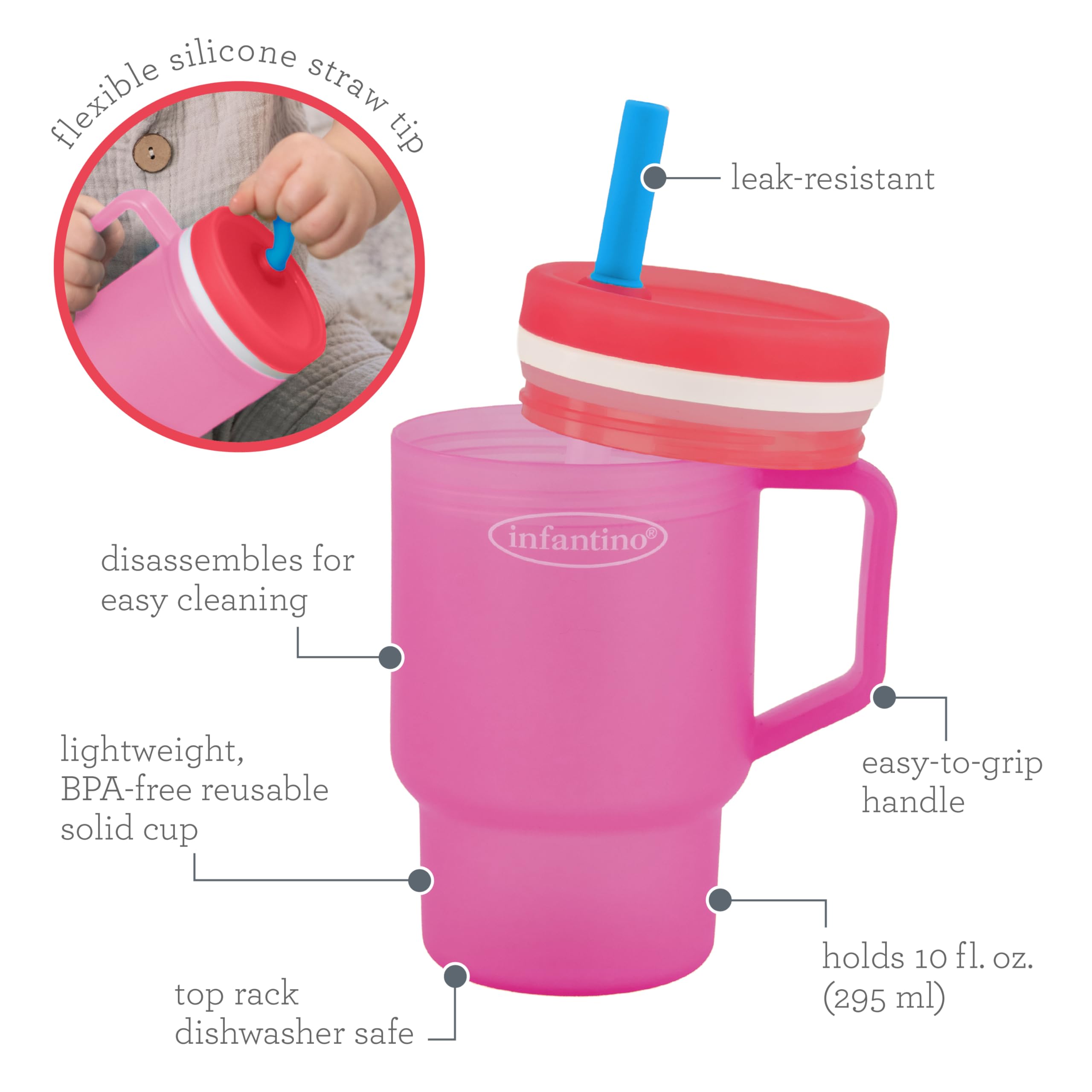 Infantino My 1st Tumbler lid and valve highlight mess-free transitions on the go.