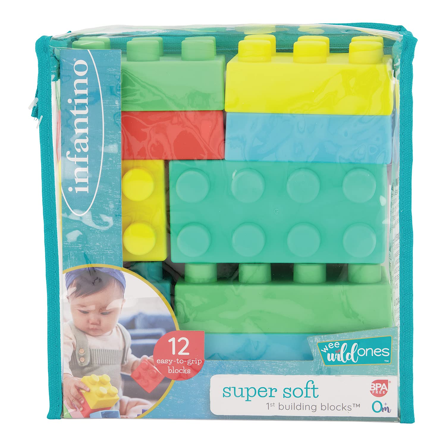 Infantino 12-piece travel-ready blocks are compact for home use or on-the-go adventures.