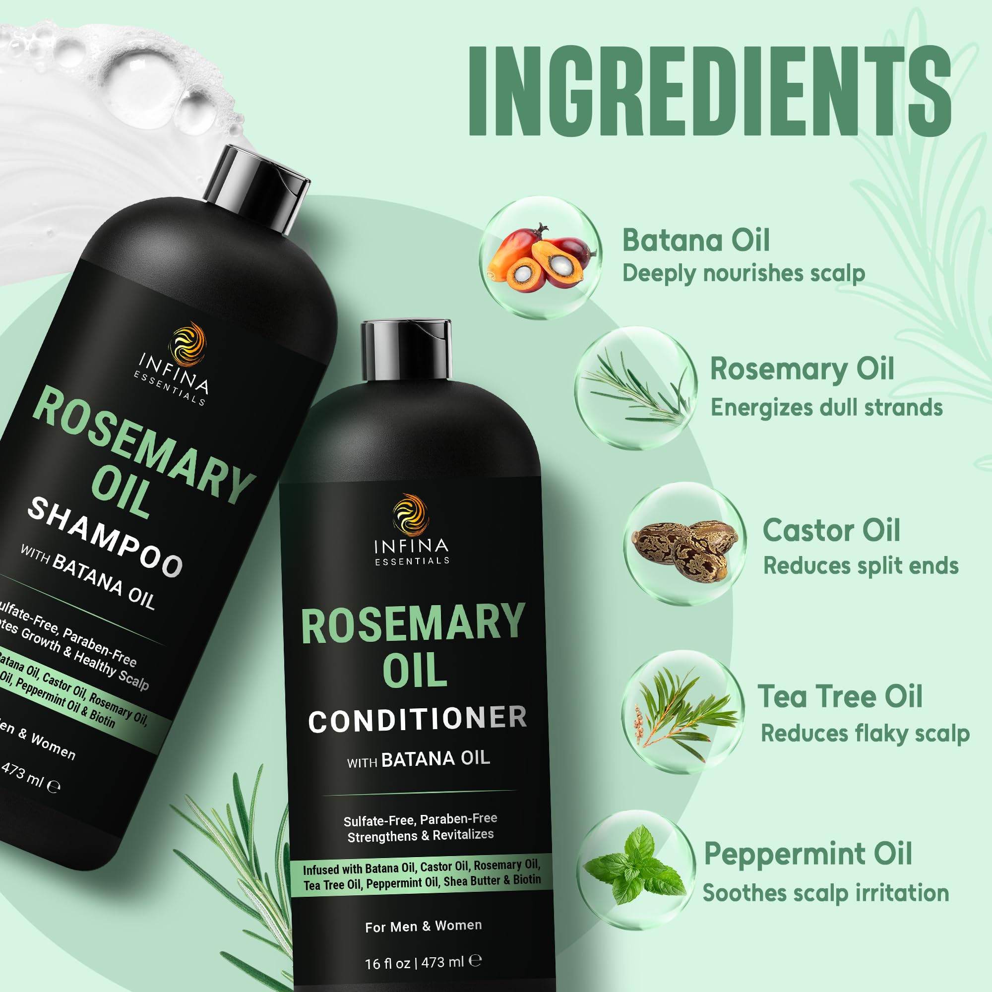 INFINA ESSENTIALS batana oil ingredient visual highlights natural shine and strengthening support.