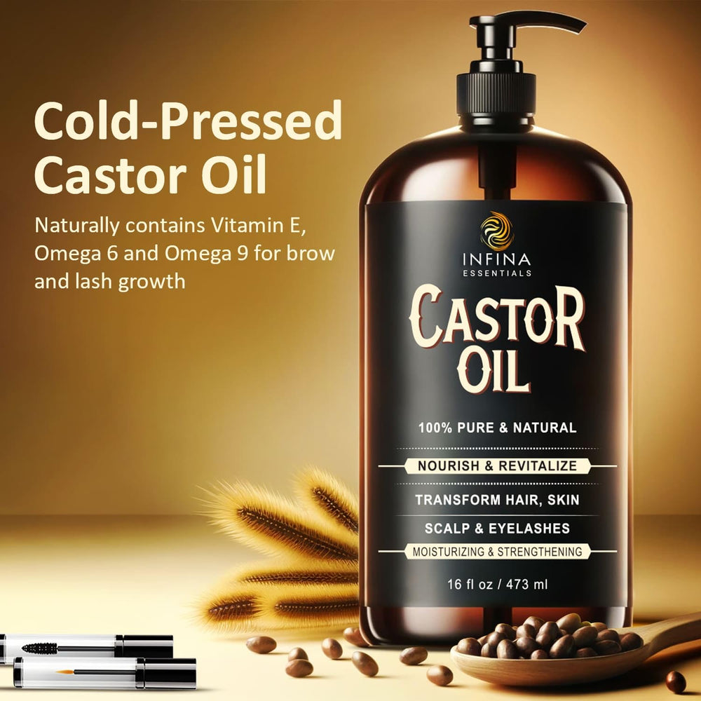INFINA ESSENTIALS 16 oz castor oil offers multi-use beauty care at home.
