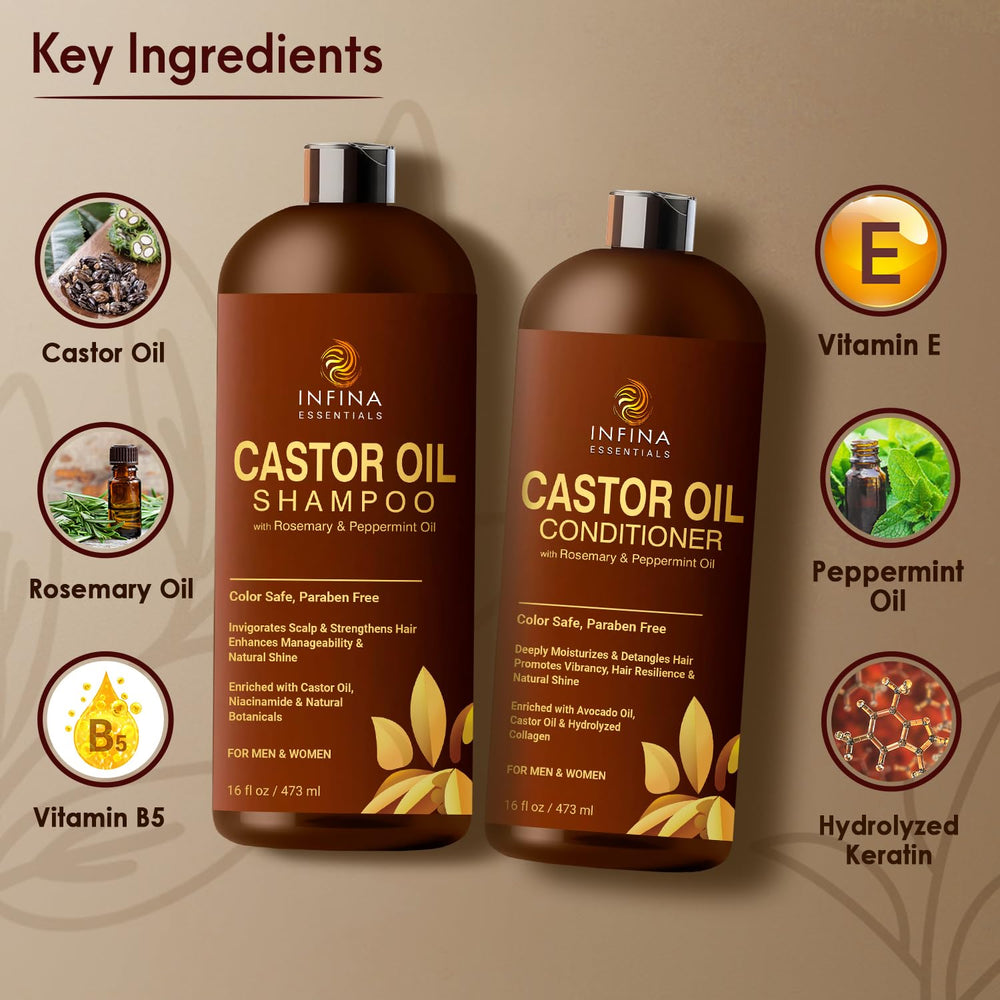 INFINA ESSENTIALS Castor Oil Conditioner tube front promotes smooth, manageable hair with gentle cleansing.