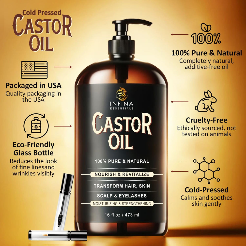 INFINA ESSENTIALS castor oil for eyelashes and eyebrows promoting natural thickness.