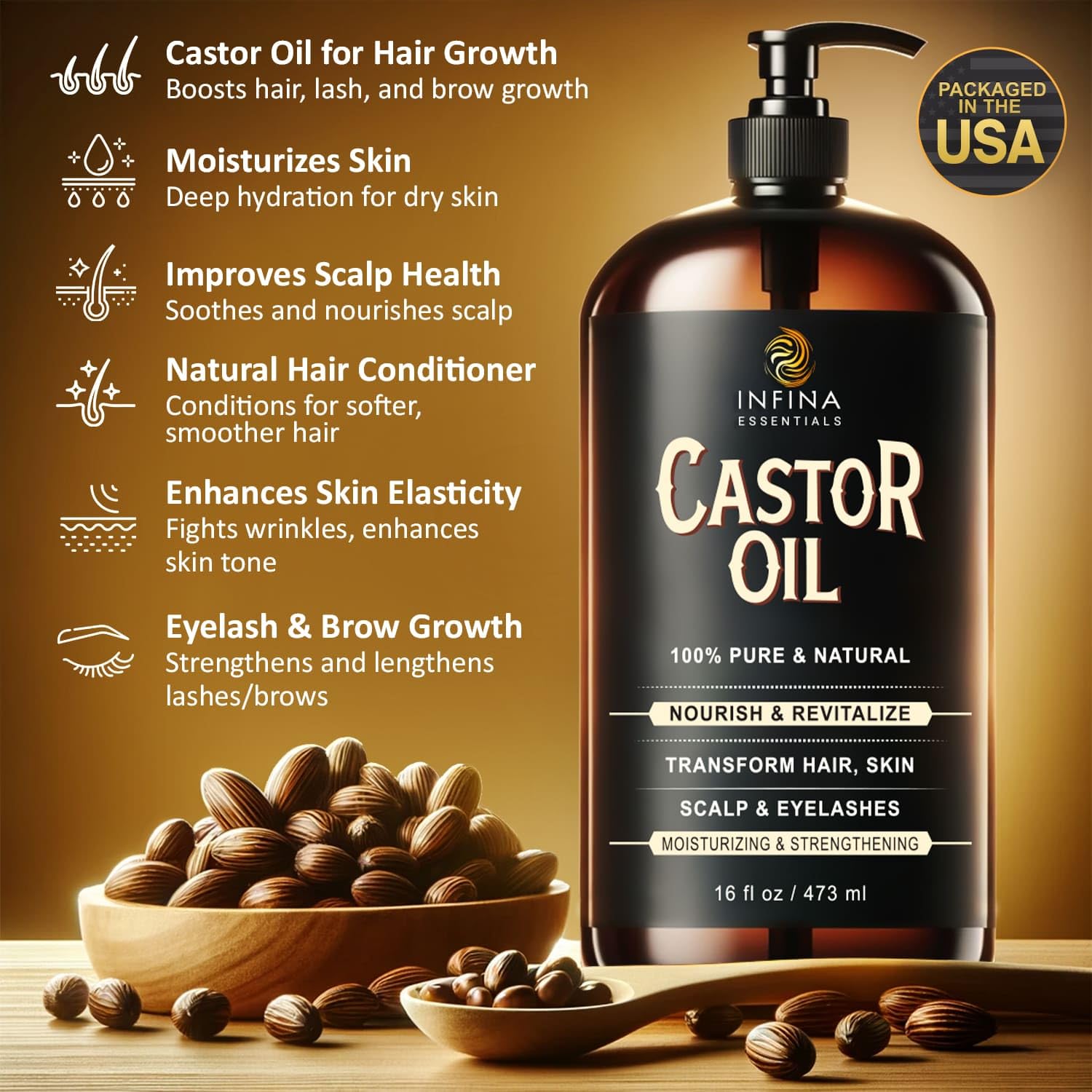 INFINA ESSENTIALS castor oil for face and skin hydration and rejuvenation.