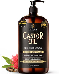 INFINA ESSENTIALS castor oil glass bottle pour for clean, precise application.