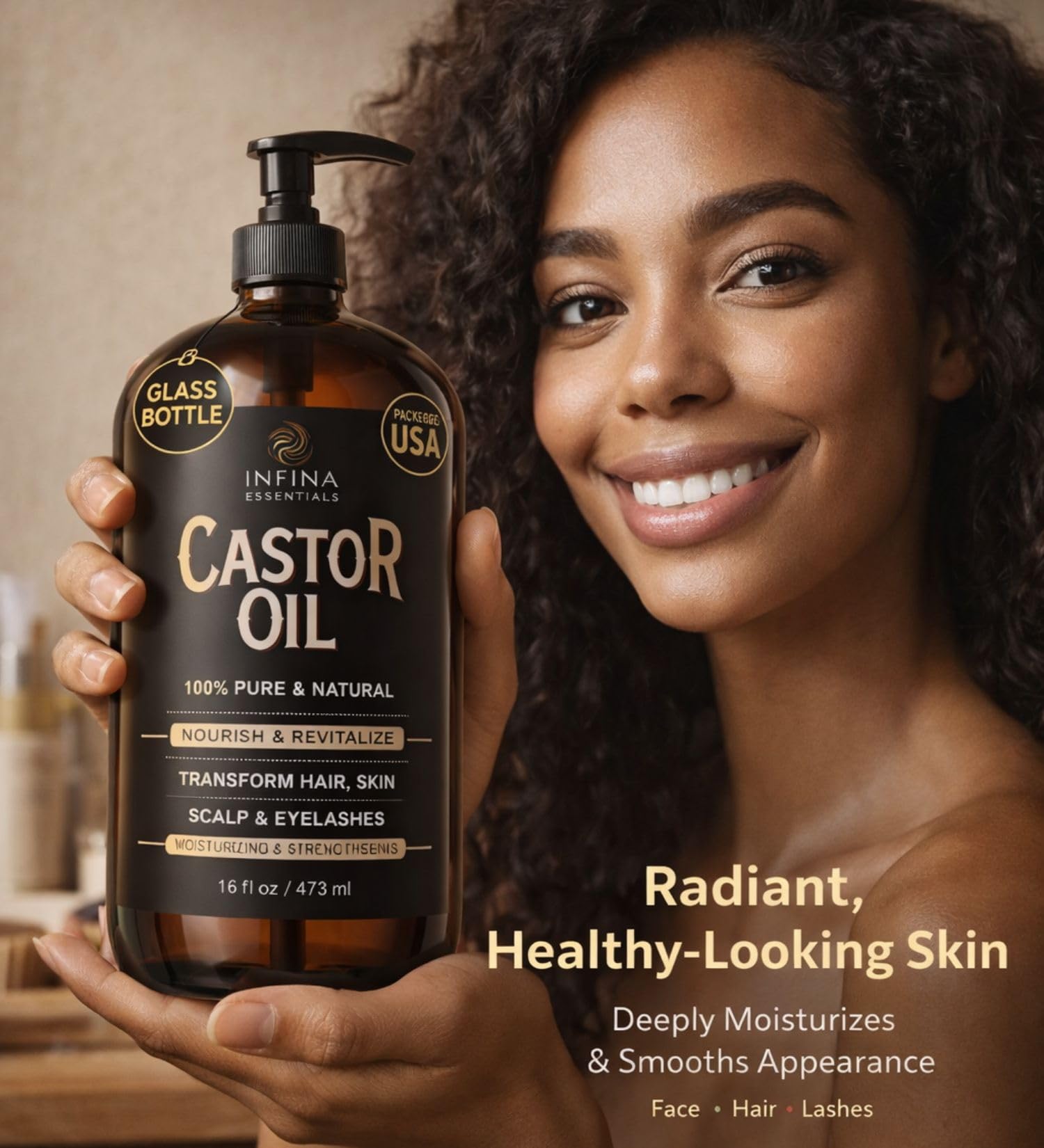 INFINA ESSENTIALS castor oil nourishes the scalp for smoother hair.