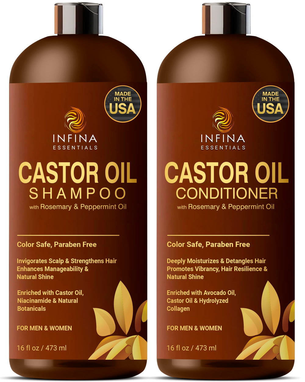 INFINA ESSENTIALS Castor Oil Shampoo bottle front highlights nourishing formula for thinning hair.