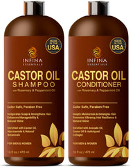 INFINA ESSENTIALS Castor Oil Shampoo bottle front highlights nourishing formula for thinning hair.