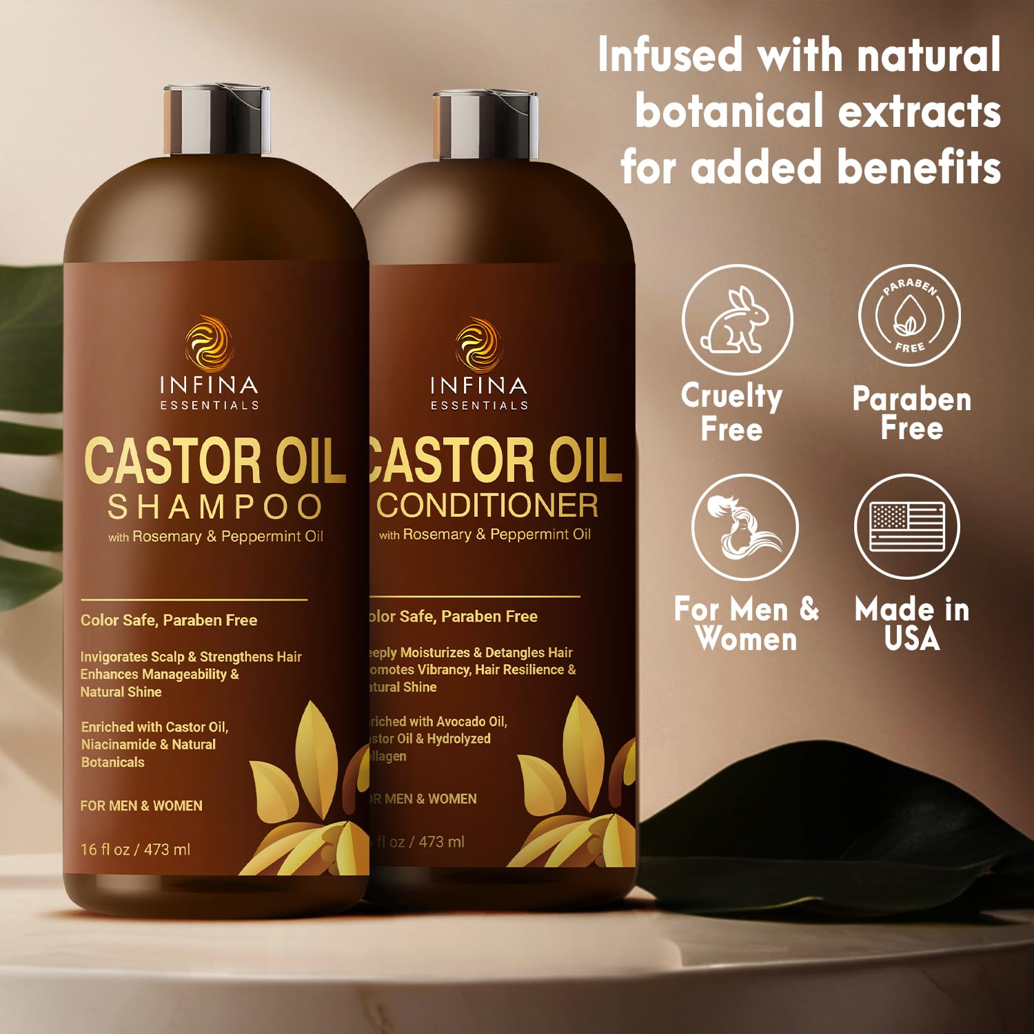 INFINA ESSENTIALS Conditioner closeup demonstrates detangling and shine for healthier-looking hair.