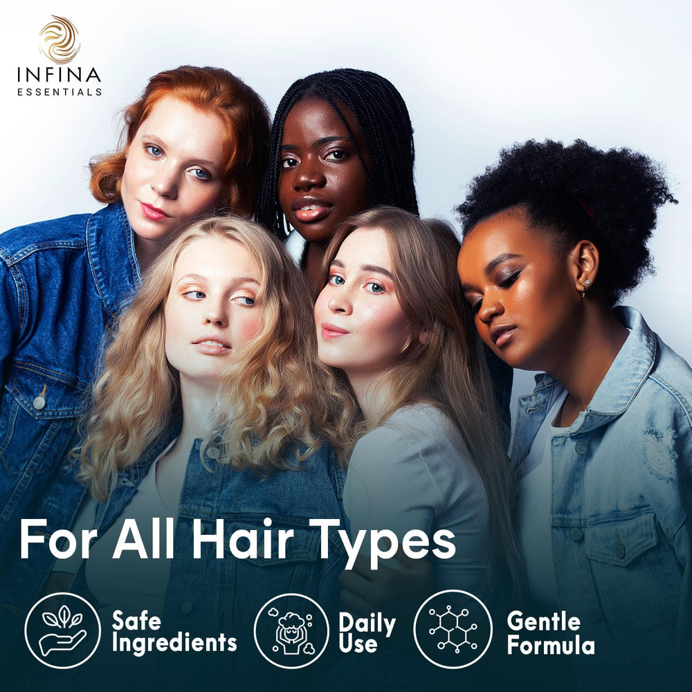 INFINA ESSENTIALS jojoba and coconut oil hydrate hair fibers.