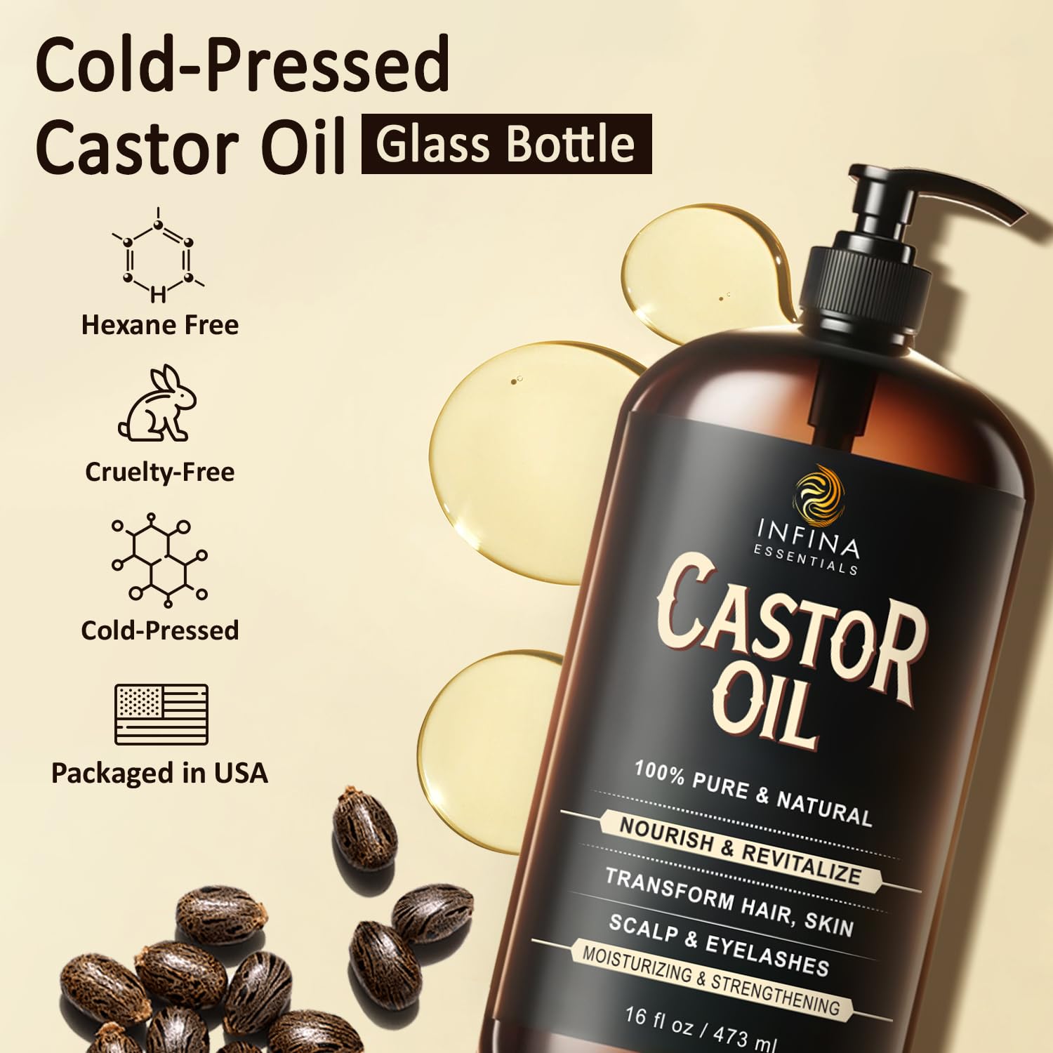 INFINA ESSENTIALS pure cold-pressed castor oil supports hair growth and scalp nourishment.
