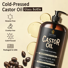 INFINA ESSENTIALS pure cold-pressed castor oil supports hair growth and scalp nourishment.