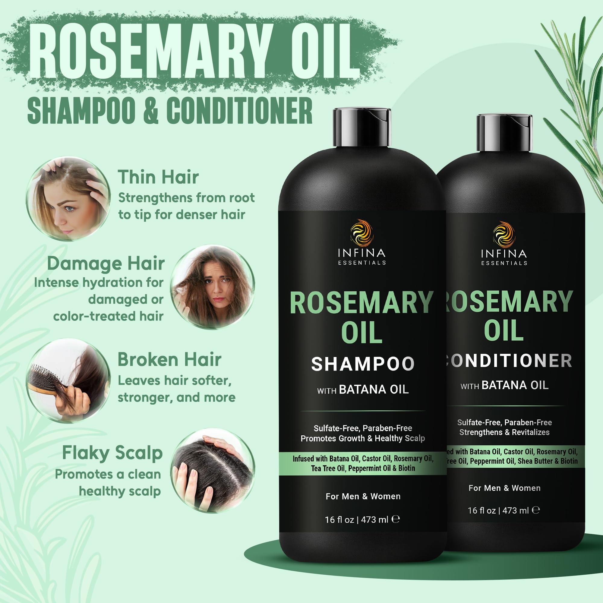 INFINA ESSENTIALS rosemary conditioner bottle demonstrates deep nourishment for smooth, manageable hair.