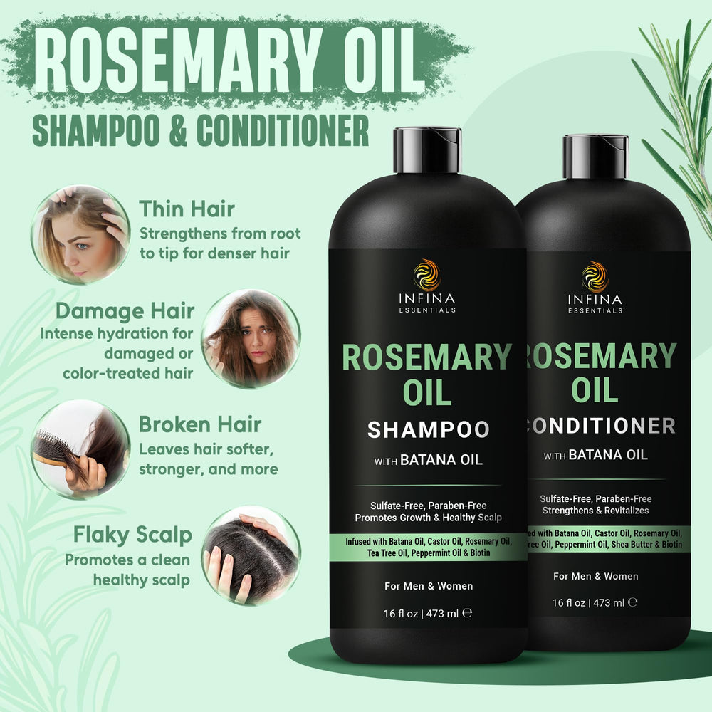 INFINA ESSENTIALS rosemary conditioner bottle demonstrates deep nourishment for smooth, manageable hair.