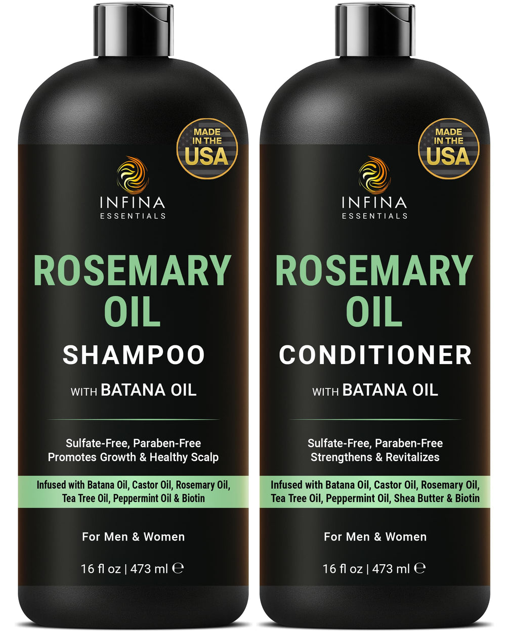 INFINA ESSENTIALS rosemary shampoo bottle highlights sulfate-free formula for thicker-looking hair.