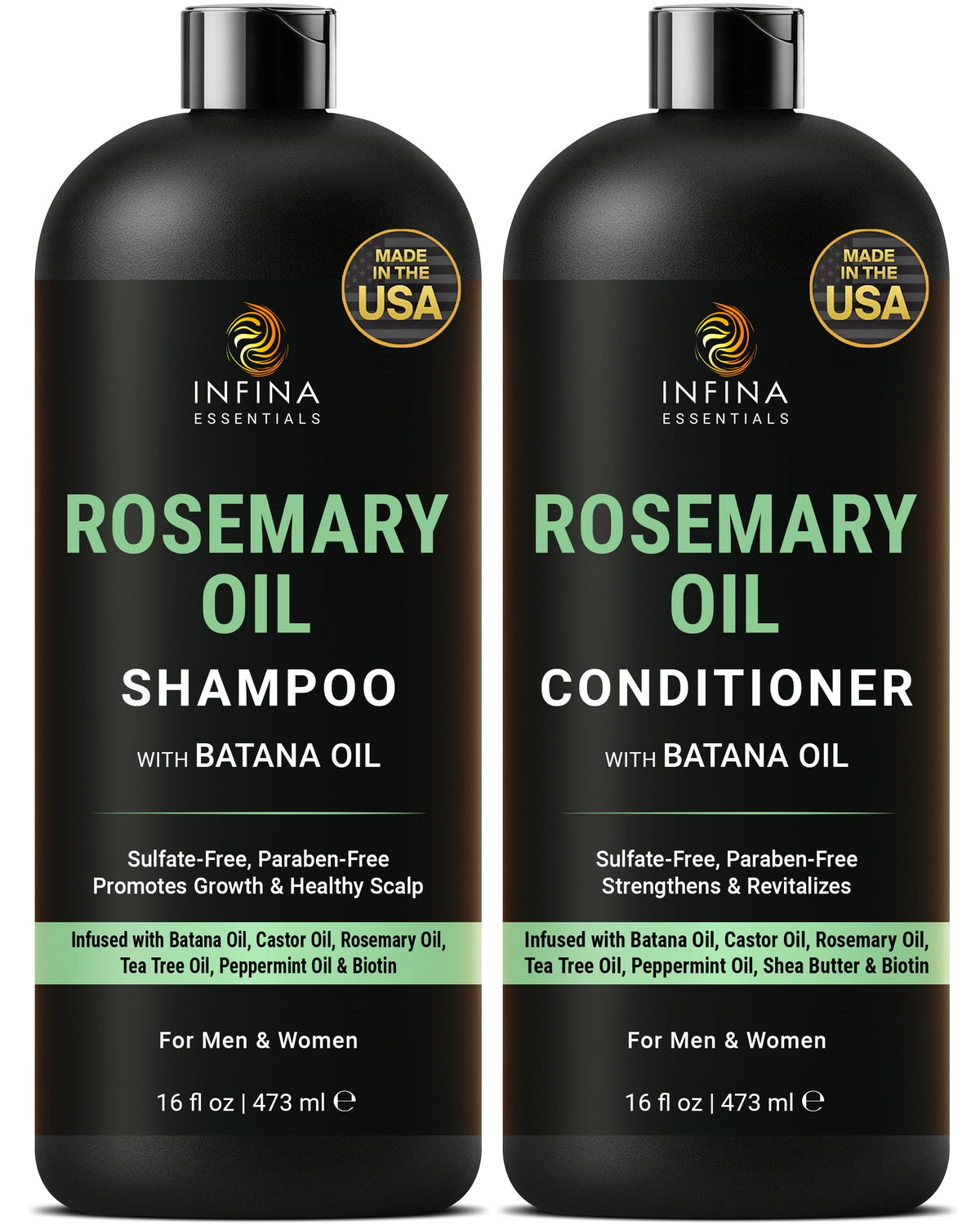 INFINA ESSENTIALS rosemary shampoo bottle highlights sulfate-free formula for thicker-looking hair.