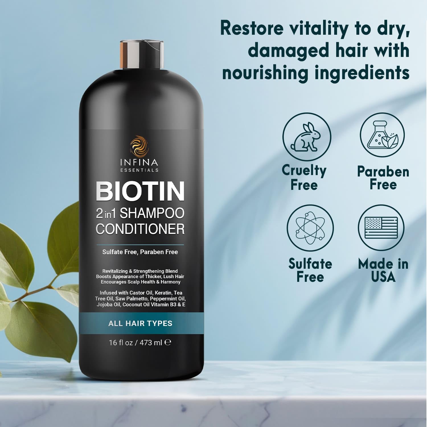 INFINA ESSENTIALS tea tree oil and peppermint blend refreshes the scalp.