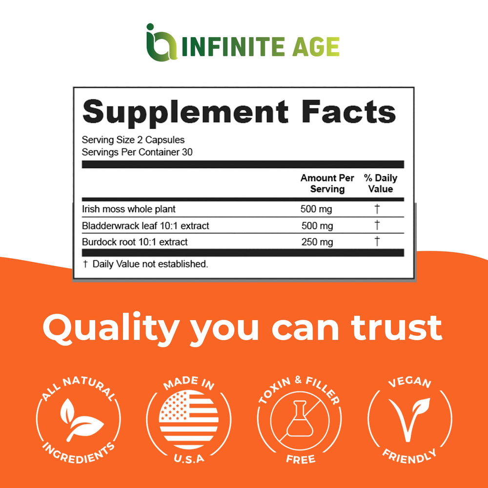 INFINITE AGE ingredients bowl showing sea moss, bladderwrack and burdock root