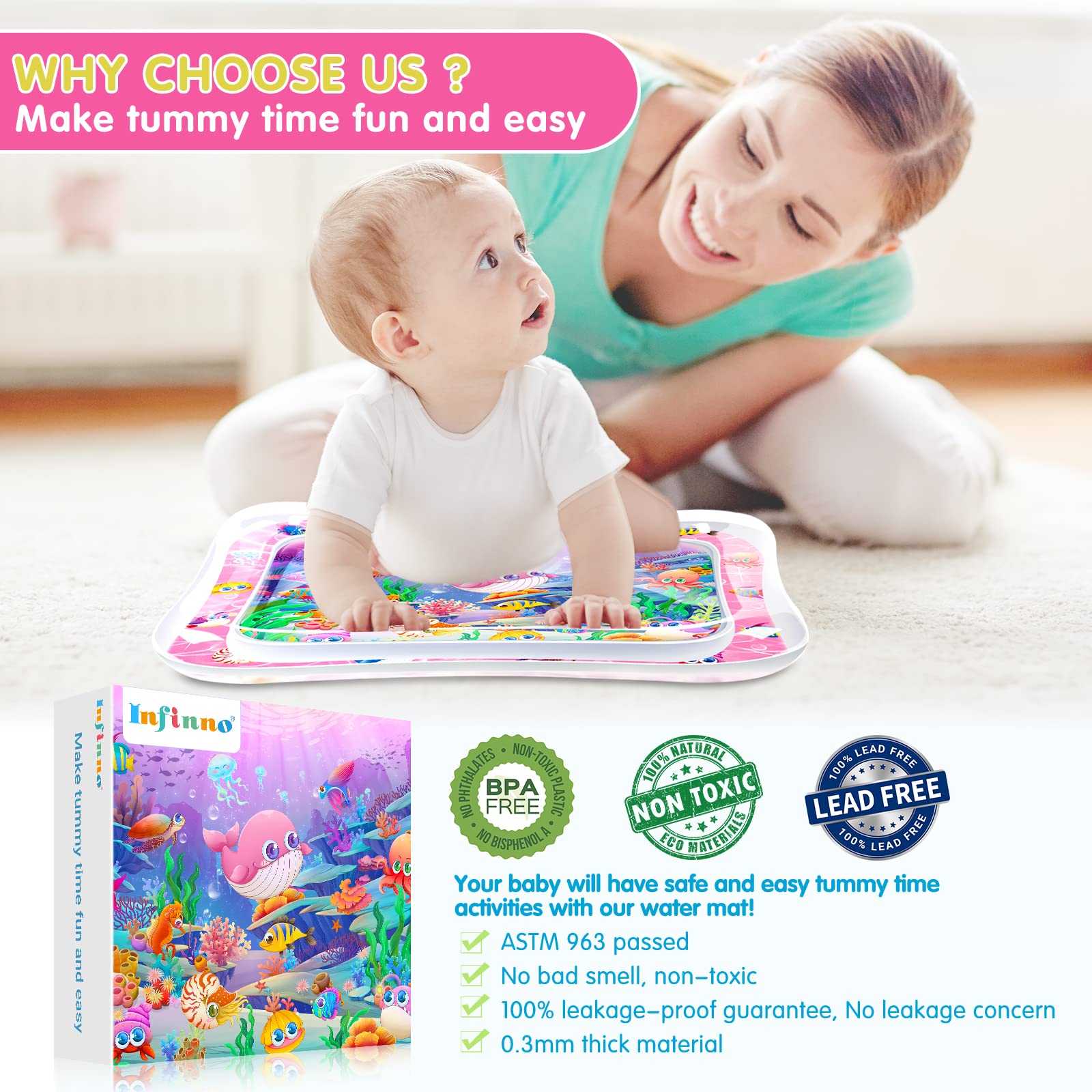 Infinno tummy time mat with pink color and sea creatures ready for water play