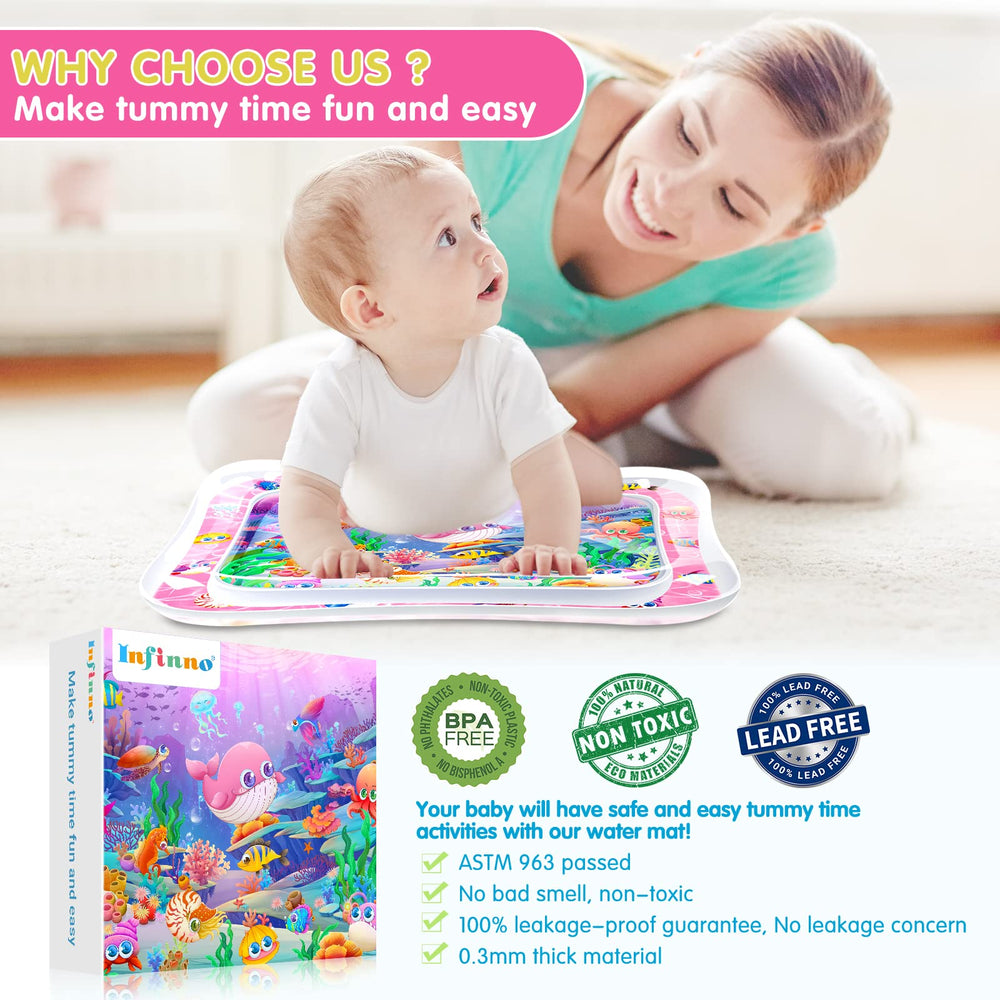 Infinno tummy time mat with pink color and sea creatures ready for water play