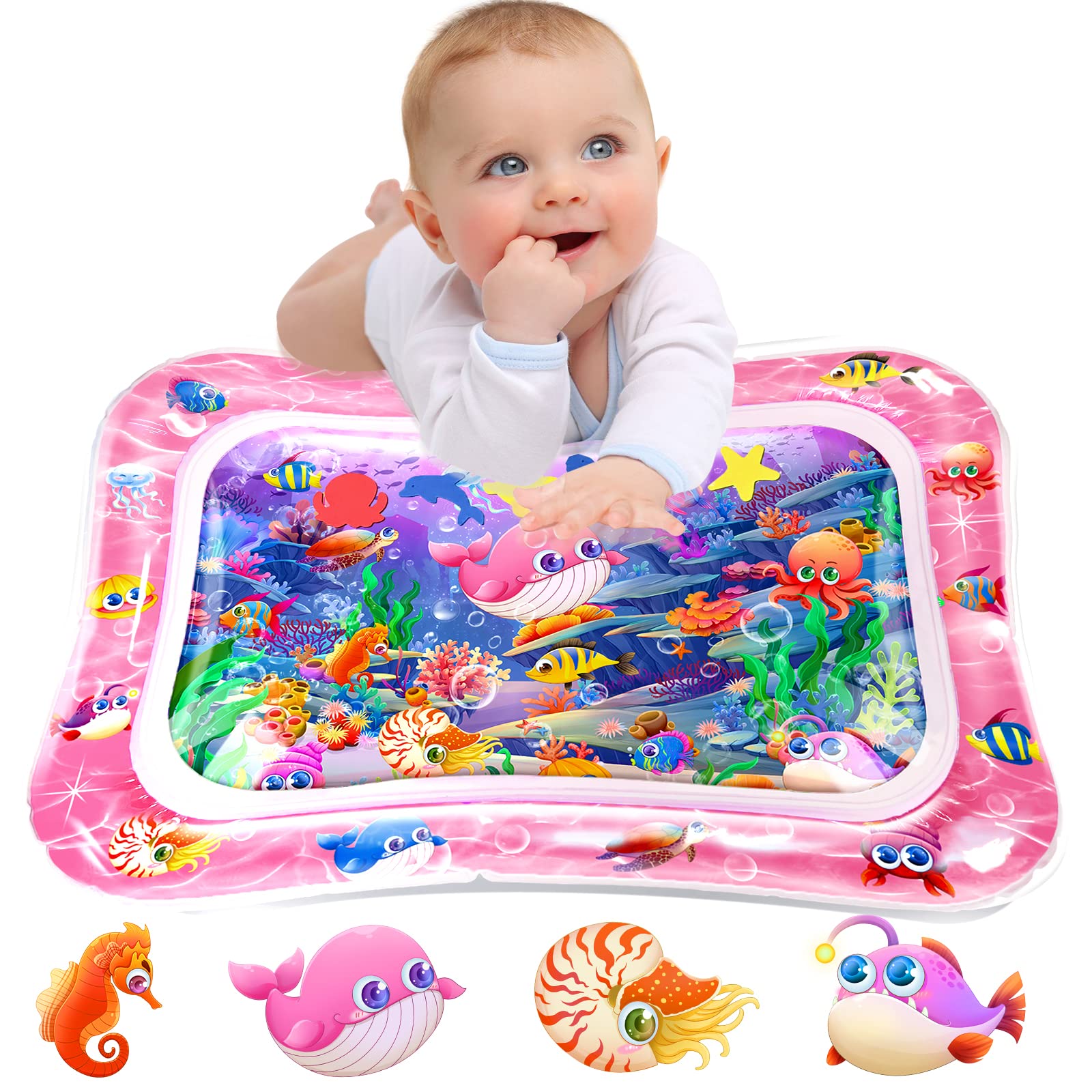 Infinno tummy time mat with pink sea animals for engaging sensory play and early motor skills.
