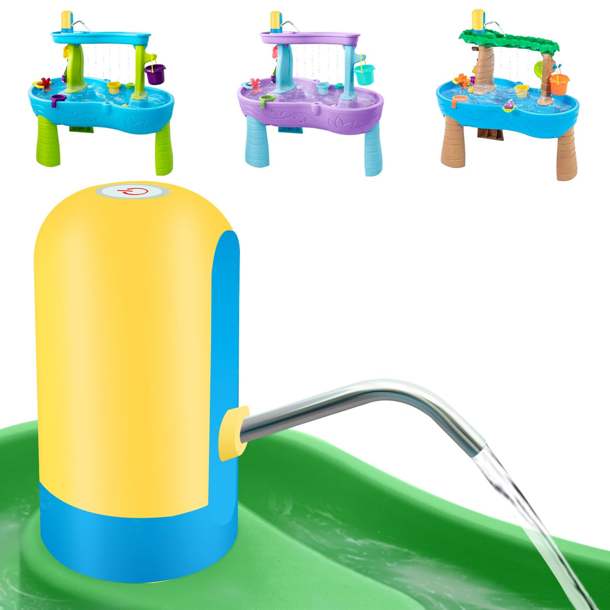 Infowush powerful water table pump, battery-powered operation for longer outdoor play sessions.