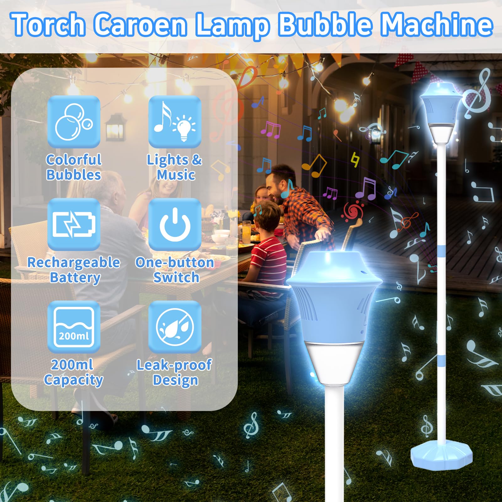Infowush Bubble Machine ground-peg setup for secure outdoor placement.